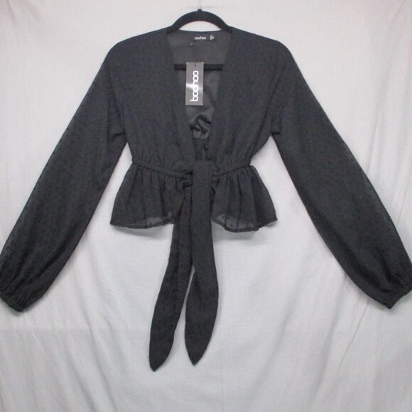 NWT BooHoo Sheer Crop Wrap Top Black Women Size | 6 - Picture 2 of 13